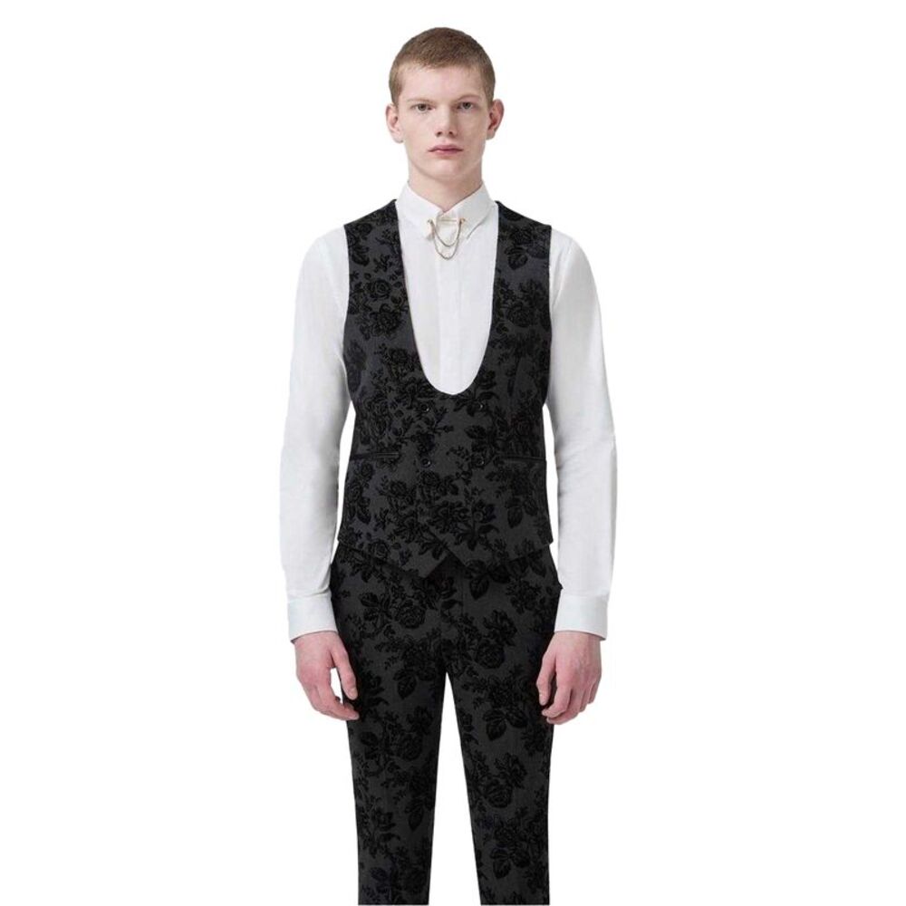 Twisted Tailor Mens Floral Embroidery Wool Blend Skinny Vest / Charcoal